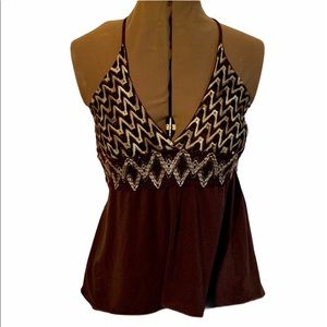 OBE Brown Pattern & Gold Embroidery Accents Around Sexy Neck Halter Top